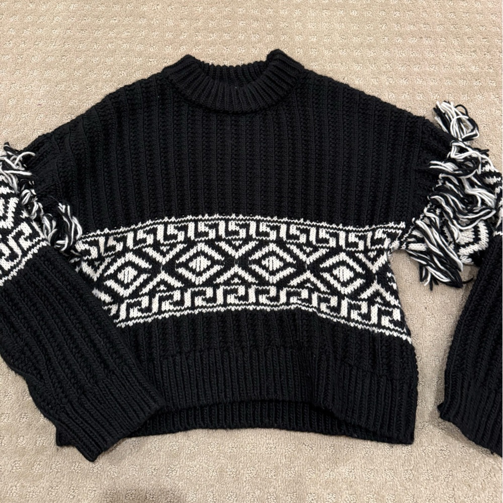 H&M Black and White Fringe Crewneck Sweater